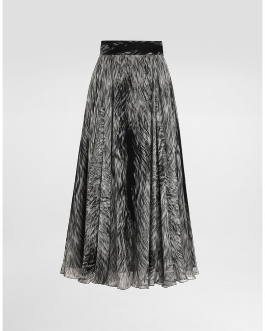 Dolce & Gabbana Gray Chiffon Calf-Length Circle Skirt With Fur Print
