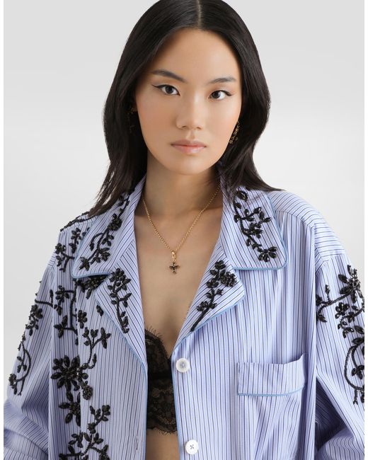 Dolce & Gabbana Blue Cotton Vanity Shirt With Flowers Embroidery