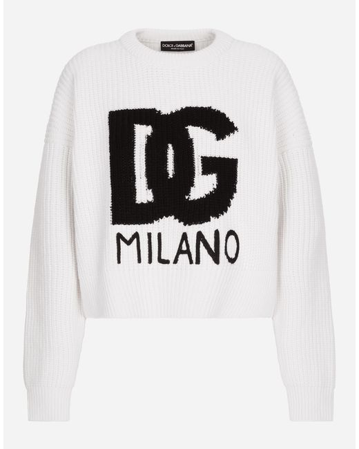 Dolce & Gabbana White Ribbed Wool Sweater With Dg Logo