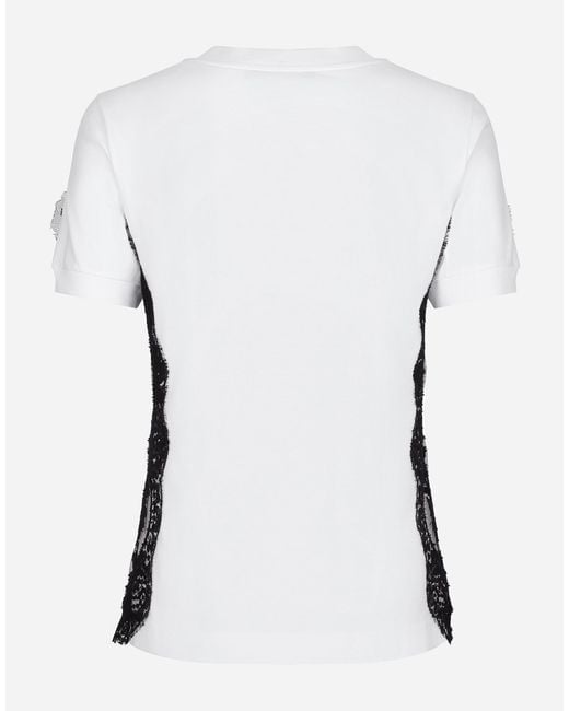 Dolce & Gabbana White T-Shirt Aus Jersey Mit Einsätzen Aus Spitze Und Dg-Logo