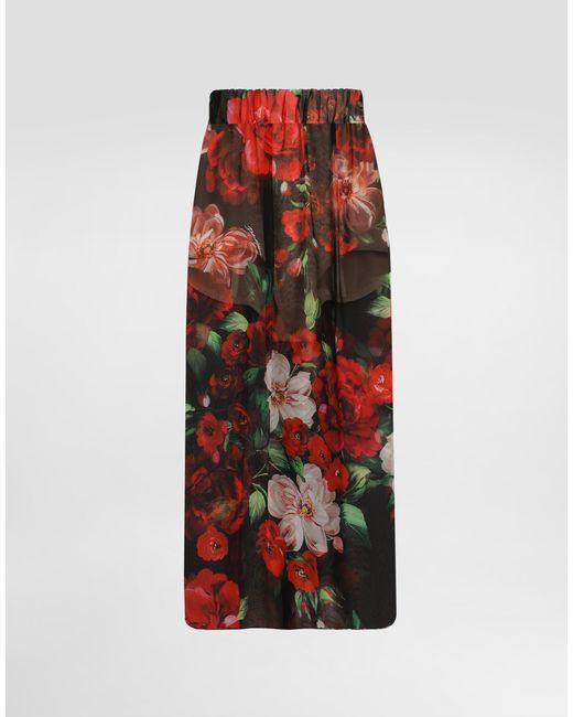 Dolce & Gabbana Red Rose- Chiffon Calf-Length Skirt