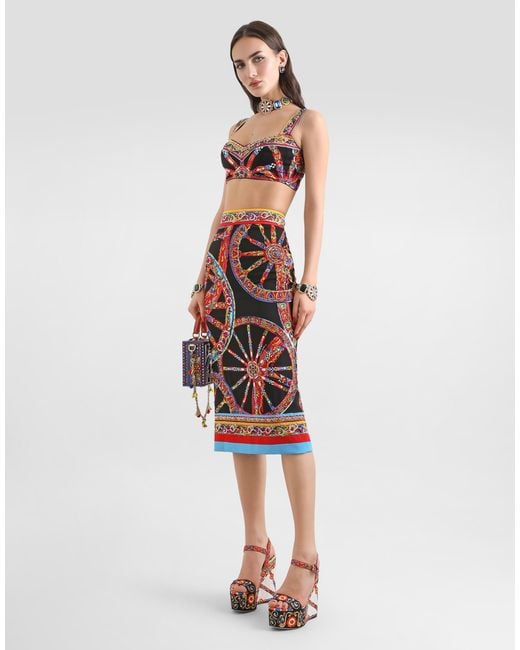 Dolce & Gabbana Red Carretto-Print Charmeuse Long Skirt