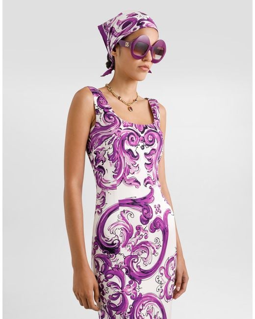 Dolce & Gabbana Purple Majolica-Print Long Charmeuse Dress
