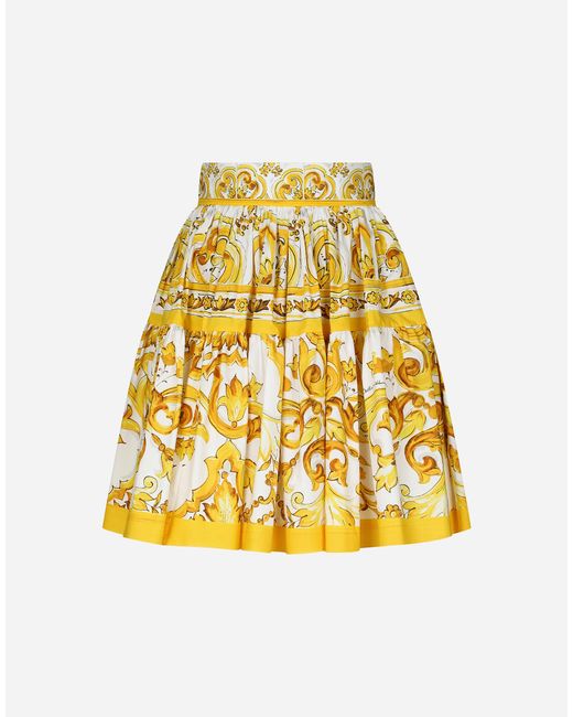 Falda Plato Corta De Algodón Con Estampado Maiolica Dolce & Gabbana de color Yellow