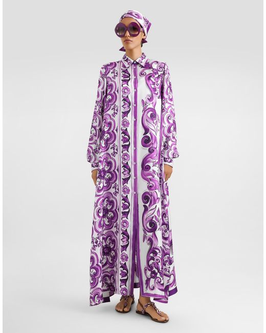 Dolce & Gabbana Purple Majolica-Print Long Twill Shirt Dress
