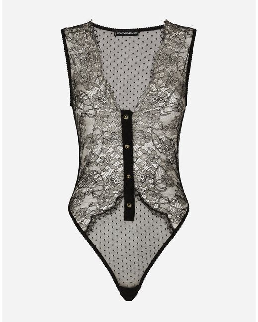 Dolce & Gabbana プランジネックボディスーツ レース Gray