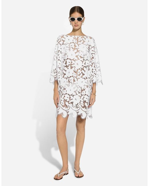 Vestido Corto De Corte Holgado De Algodón Con Bordado Floral Calado Dolce & Gabbana de color White