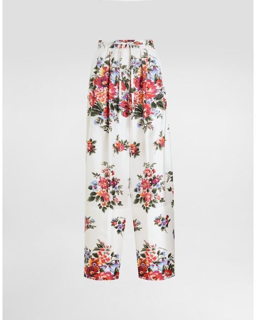 Dolce & Gabbana White Flower Bouquet-Print Twill Trousers
