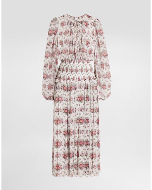 Dolce & Gabbana White Small Flower Bouquets-Print Long Chiffon Dress