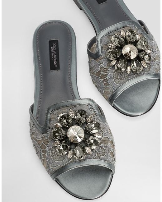 Dolce & Gabbana Gray Slide Sandal In Lace With Crystals