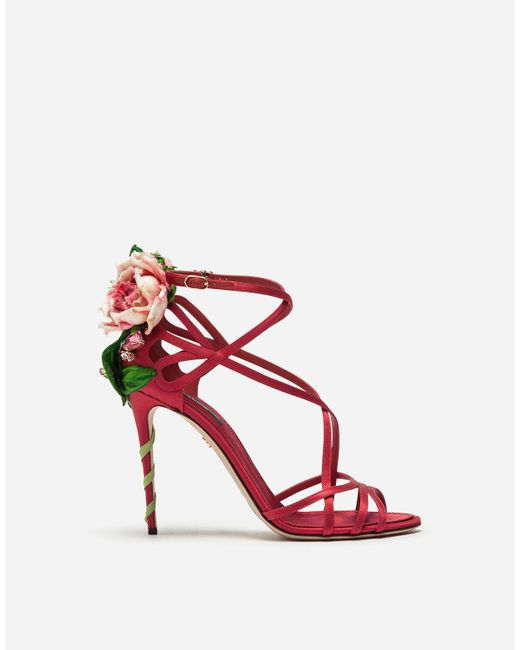 Dolce & Gabbana Red Satin Sandals With Embroidery