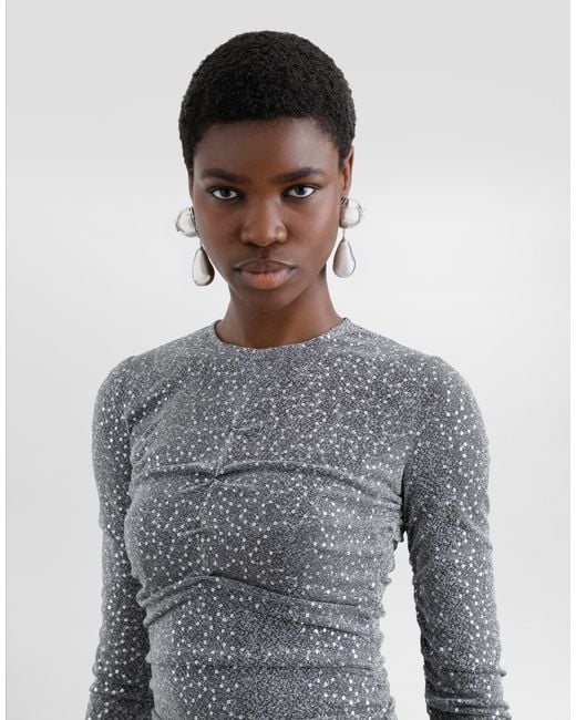 Dolce & Gabbana Gray Sequined Draped Calf-Length Dress