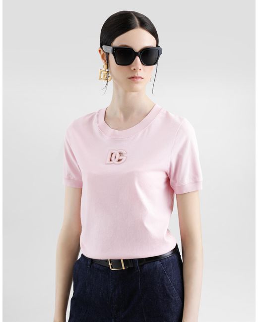 Dolce & Gabbana Pink Jersey T-Shirt With Raised Dg Logo Embroidery