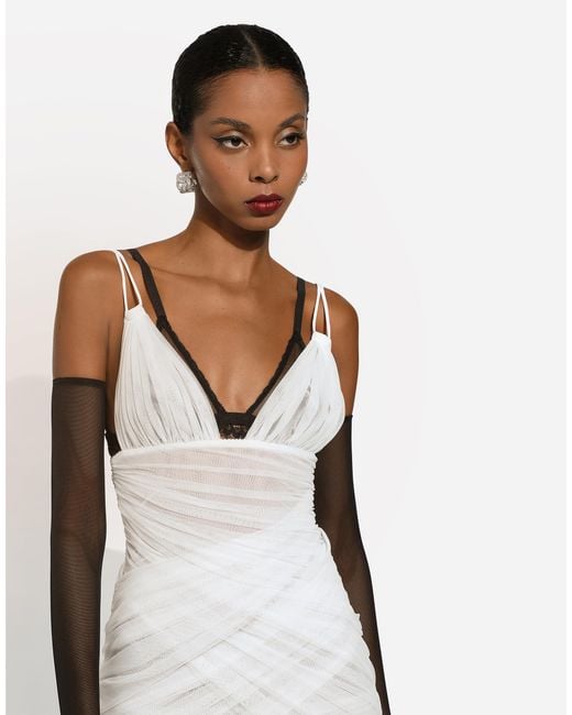 Dolce & Gabbana White Tulle Draped Calf-Length Dress