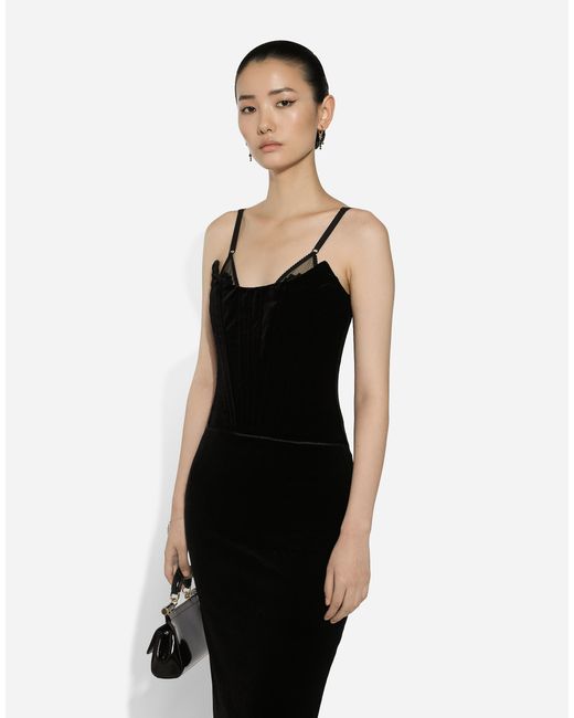 Dolce & Gabbana Black Velvet Calf-Length Corset Dress