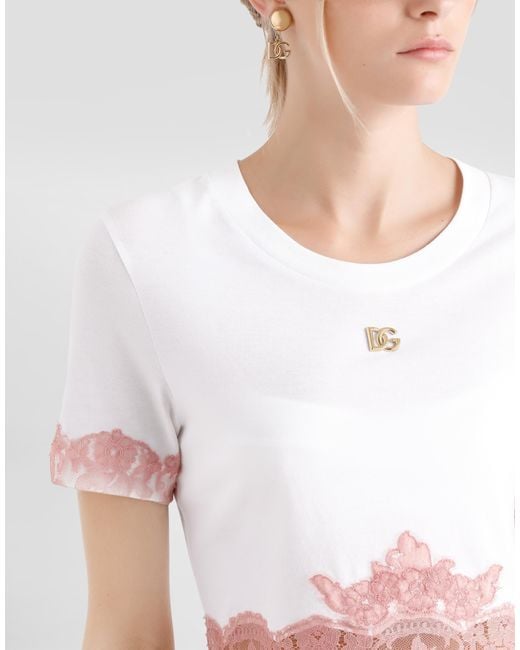 Camiseta Corta De Punto Con Aplicaciones De Encaje Y Logotipo Dg Dolce & Gabbana de color Pink