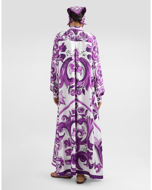 Dolce & Gabbana Purple Majolica-Print Long Twill Shirt Dress