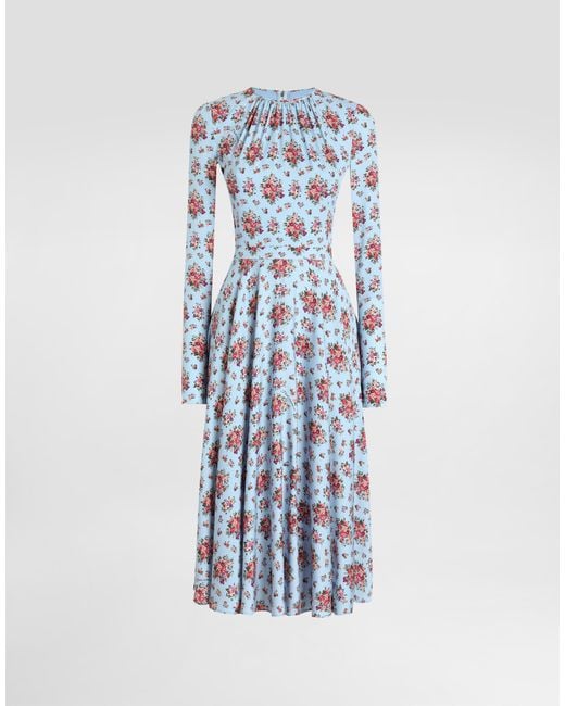 Dolce & Gabbana Blue Small Flower Bouquets-Print Long Charmeuse Dress