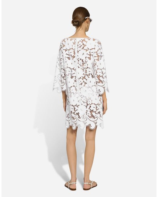 Vestido Corto De Corte Holgado De Algodón Con Bordado Floral Calado Dolce & Gabbana de color White