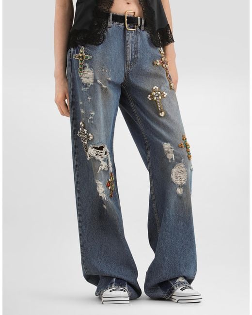 Dolce & Gabbana Blue 5-Pocket Denim Trousers With Emrboidery