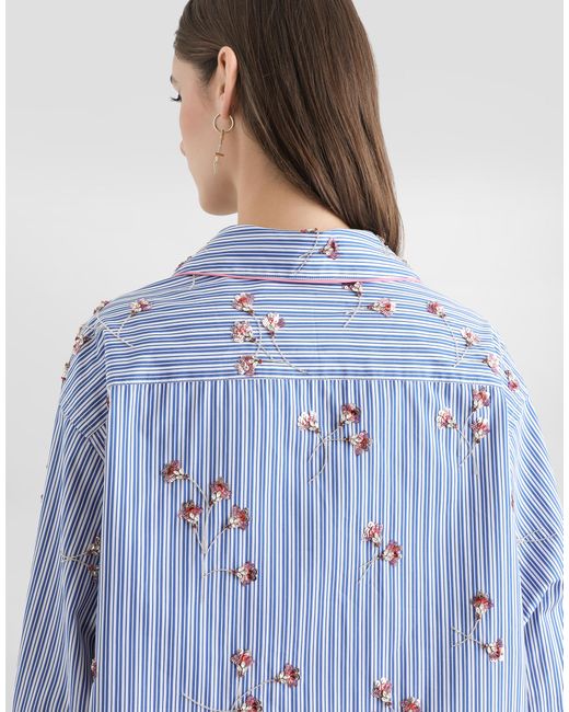 Dolce & Gabbana Blue Poplin Shirt With Crystal Flower Embroidery