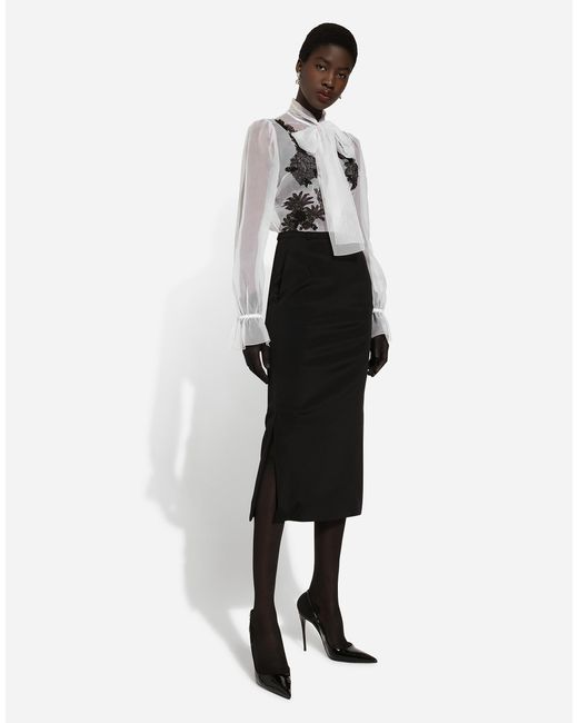 Dolce & Gabbana White Organza Pussy-Bow Shirt With Lace Appliqués