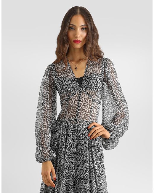 Dolce & Gabbana Gray Daisy-Print Chiffon Dress