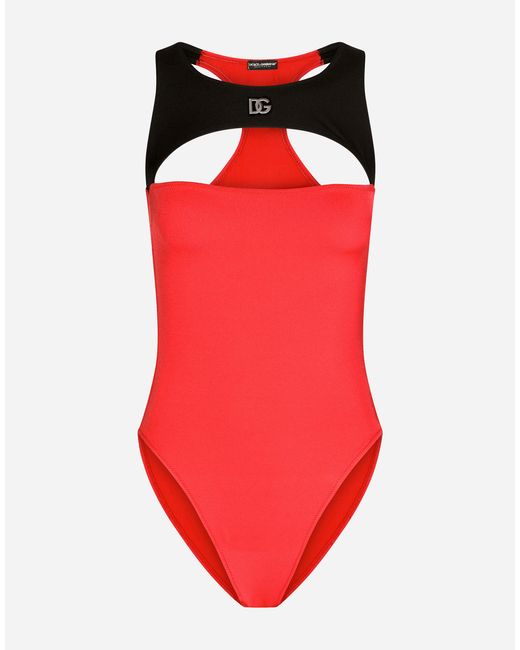 Dolce & Gabbana Two-tone Racer-style One-piece Swimsuit in Red | Lyst