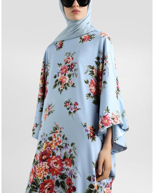 Dolce & Gabbana Blue Flower Bouquet-Print Long Charmeuse Dress