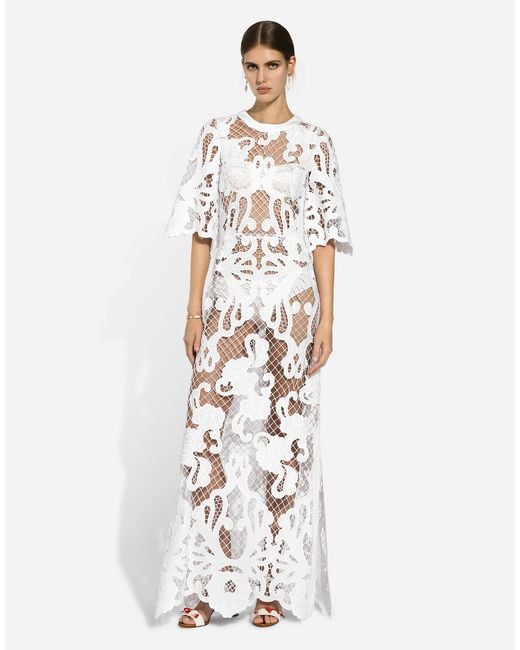Dolce & Gabbana White Long Dress With Openwork Embroidery
