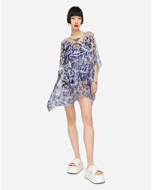 Dolce & Gabbana Blue Short Majolica-Print Chiffon Caftan