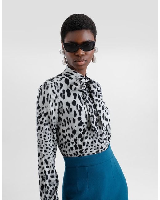 Dolce & Gabbana レオパードプリント シャルムーズ プッシーボウシャツ White