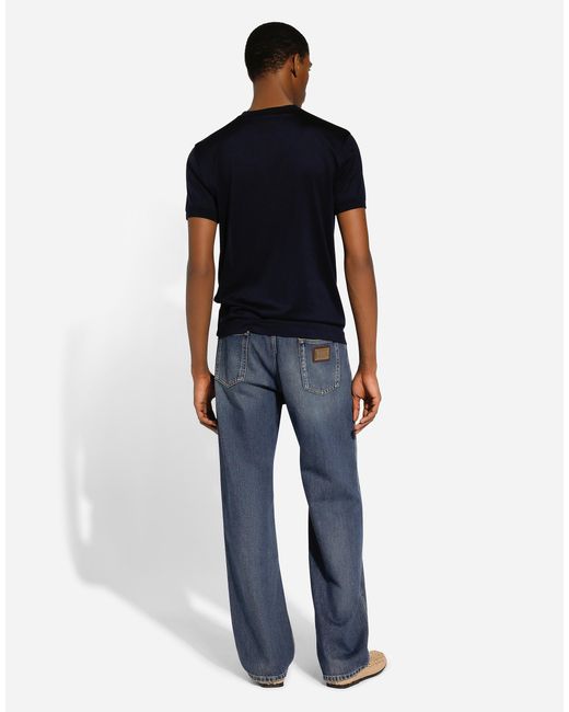 Dolce & Gabbana Blue Silk Granddad-Neck T-Shirt for men