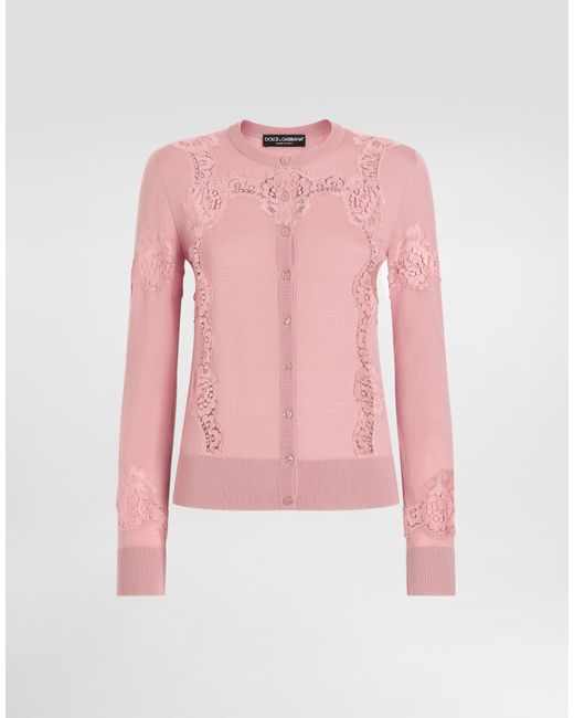 Dolce & Gabbana Wool Cardigan With Lace Inlay Pink