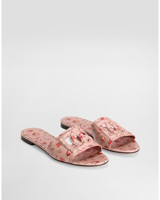 Dolce & Gabbana Pink Calfskin Flat Slippers With Little Roses Print
