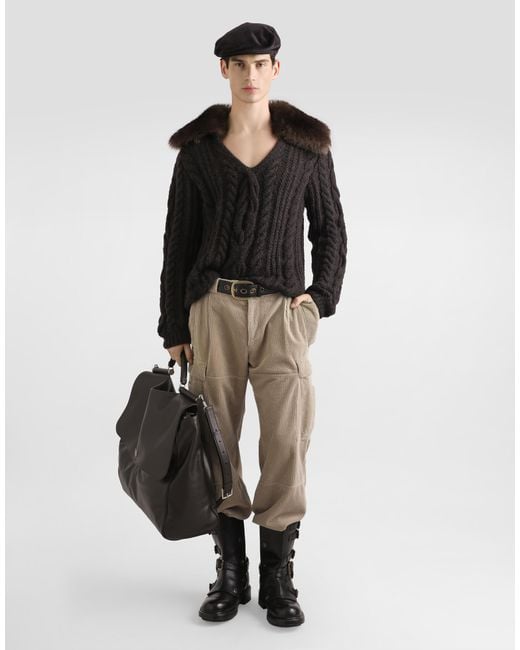 Dolce & Gabbana Black Wool Pullover With Fur Collar for men