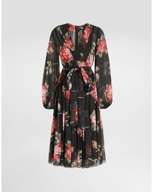 Dolce & Gabbana White Rose Bouquet-Print Chiffon Dress