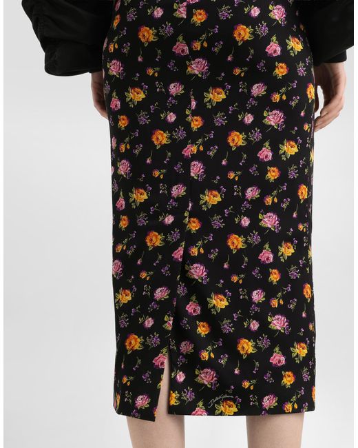 Dolce & Gabbana Black Small Rose Bouquets-Print Straight Charmeuse Skirt