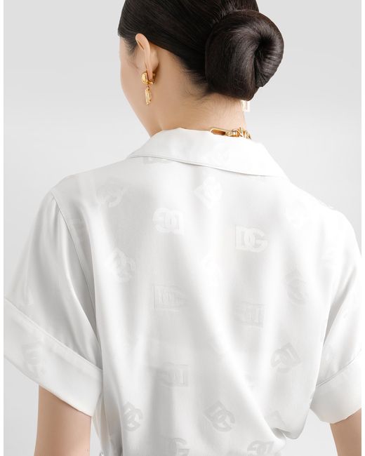 Dolce & Gabbana White Short-Sleeved Silk Satin Jacquard Pajama Shirt With Dg Logo