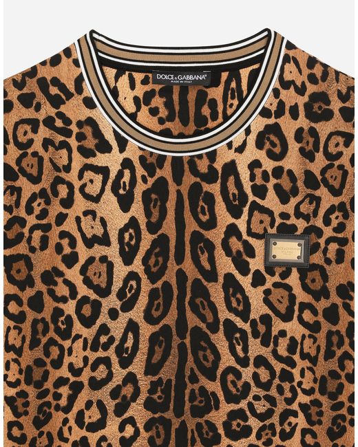 メンズ Dolce & Gabbana ラウンドネックTシャツ クレスポ レオパードプリント プレート Brown