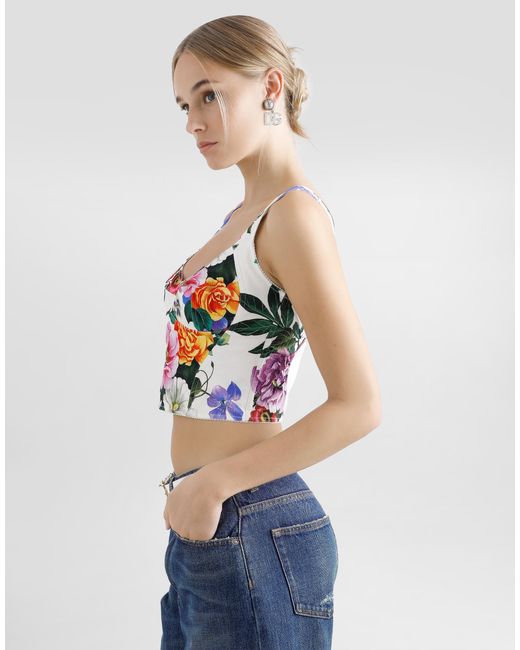 Dolce & Gabbana White Cotton Corset Top With Floral