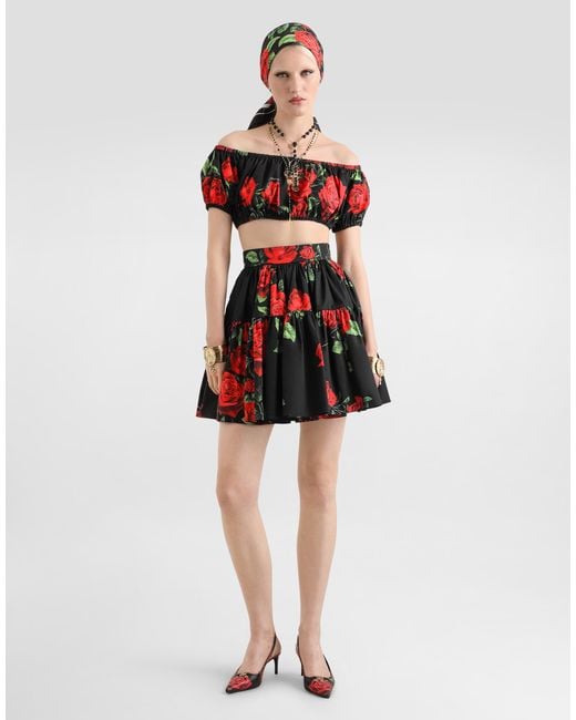 Dolce & Gabbana Red Rose-Print Poplin Skirt