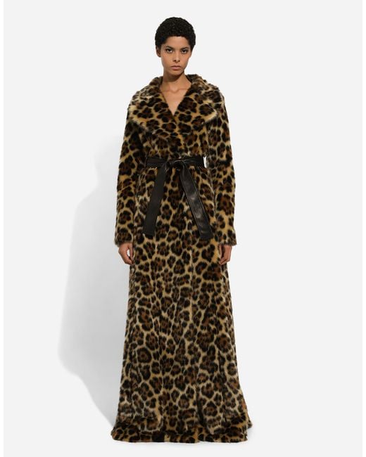 Dolce & Gabbana ロングコート エコファー レオパードプリント Brown