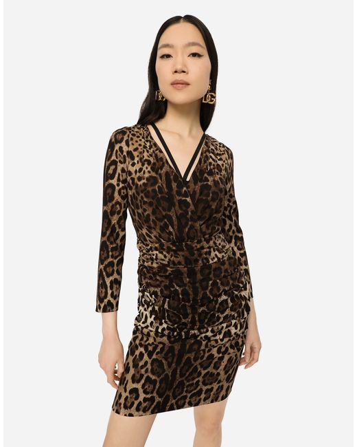Dolce & Gabbana Multicolor Kurzes Kleid Aus Charmeuse Leoprint Mit Schleife