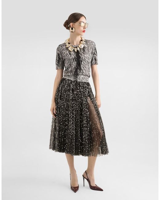Dolce & Gabbana Black Tulle Midi Circle Skirt With Micro-Sequin Embroidery