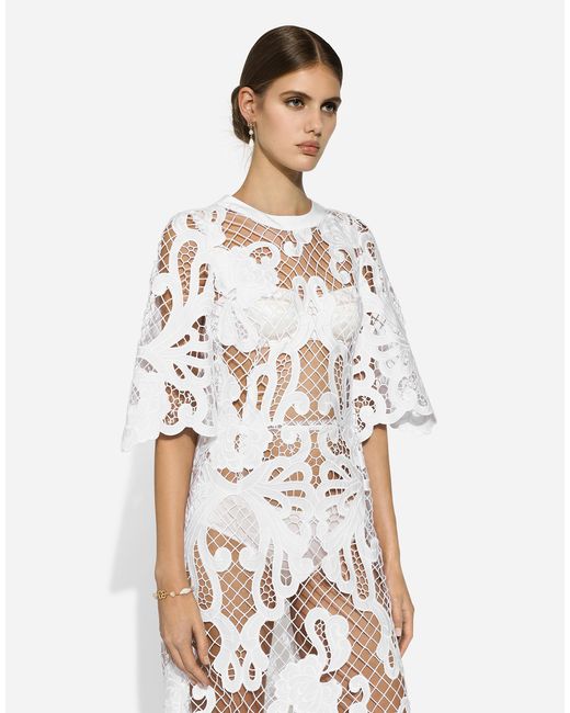 Dolce & Gabbana White Long Dress With Openwork Embroidery