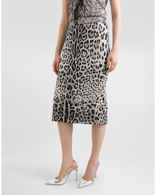 Dolce & Gabbana White Charmeuse Calf-Length Pencil Skirt With Leopard