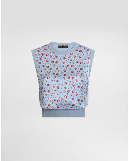 Dolce & Gabbana Blue Small Rose-Print Silk Tank Top