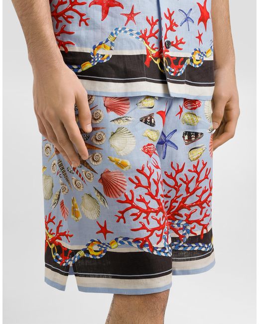 Dolce & Gabbana White Shell-Print Linen Canvas Trousers for men