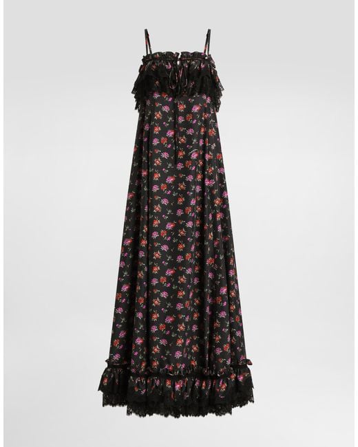 Dolce & Gabbana Black Floral-Print Habotai Long Dress
